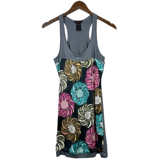 Custo Barcelona Sz 2, S Silk Blend Gray Tank Sequin Floral Bubble Hem Mini Dress - Picture 1 of 9